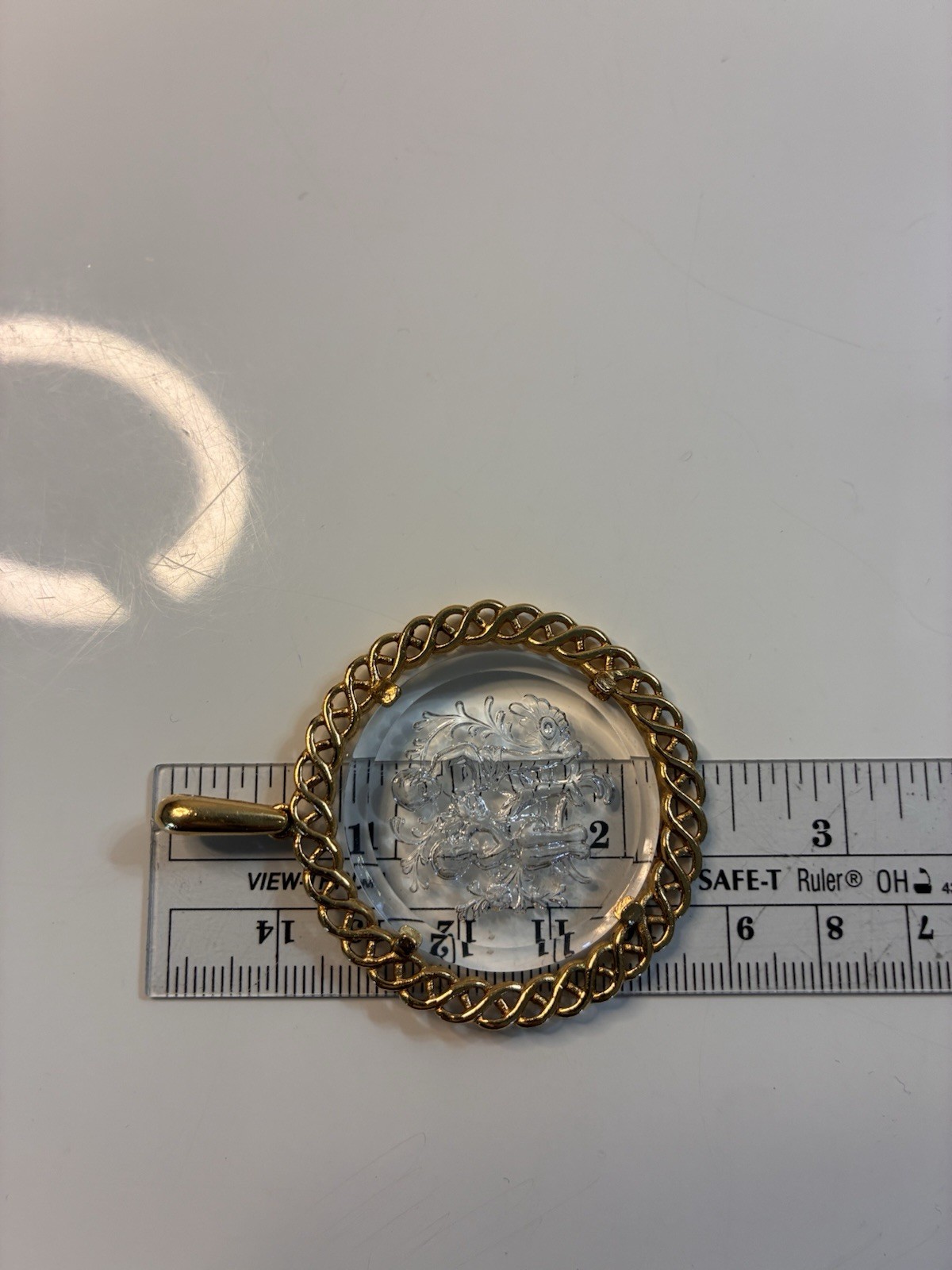 Trifari Gold Tone Round Clear Glass Intaglio Cameo Pendant, Signed