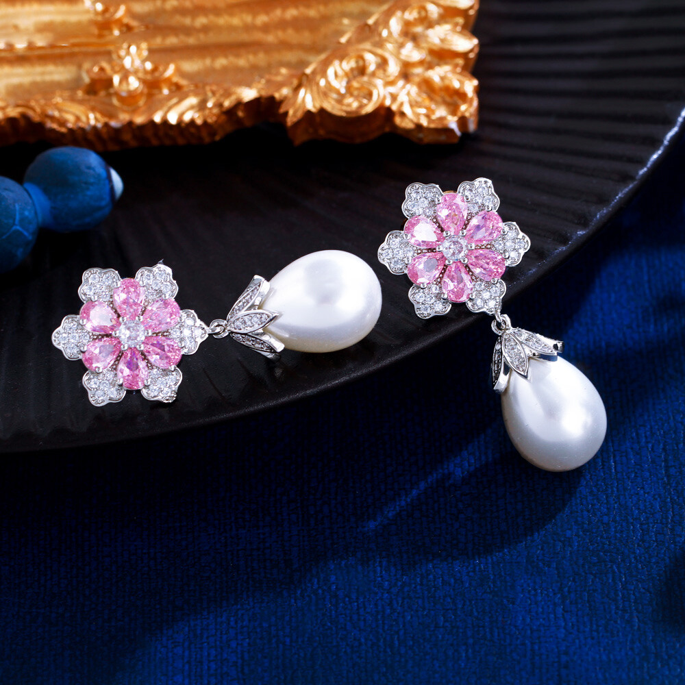 Beauty Silver Plated Cubic Zircon Ladies Pink Flower Pearl Dangle Drop Earrings