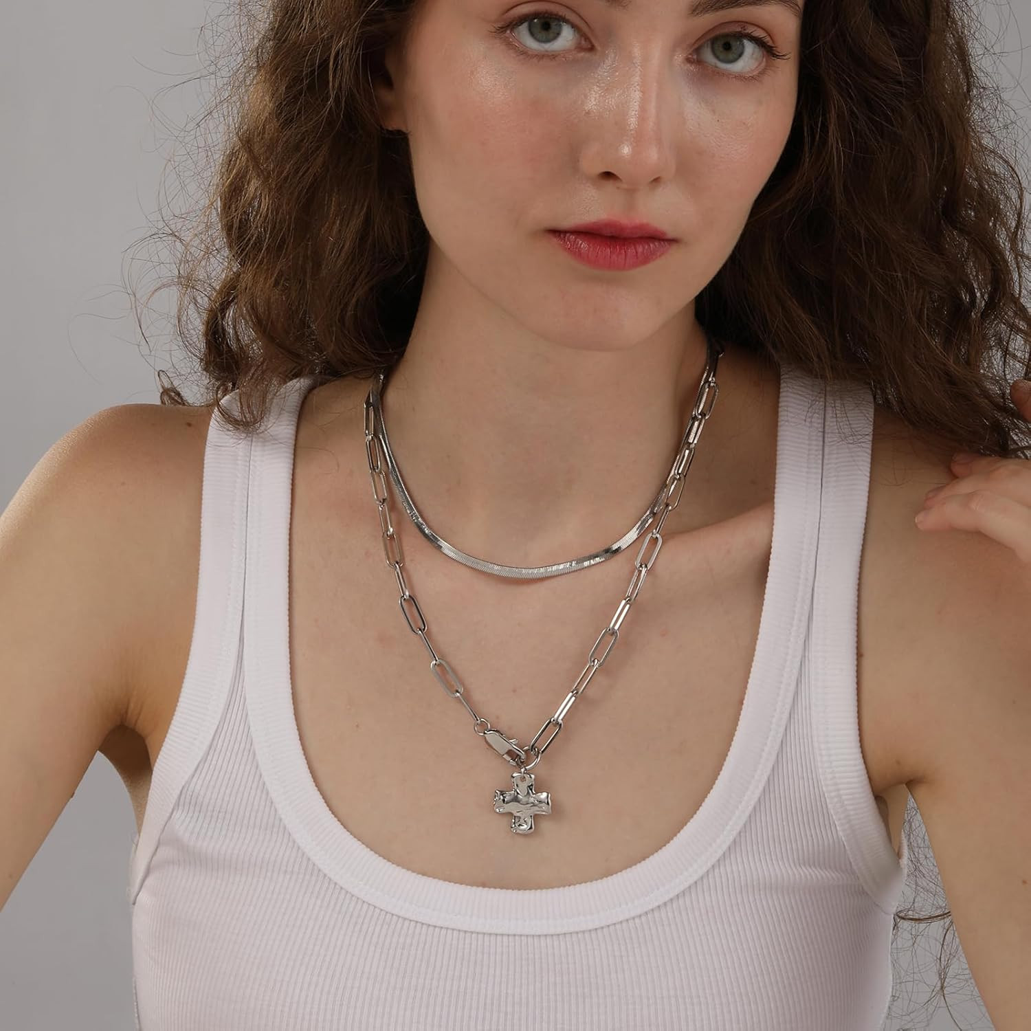 Chunky Cross Necklace for Women Trendy 14K Gold Silver Layered Statement Cross P
