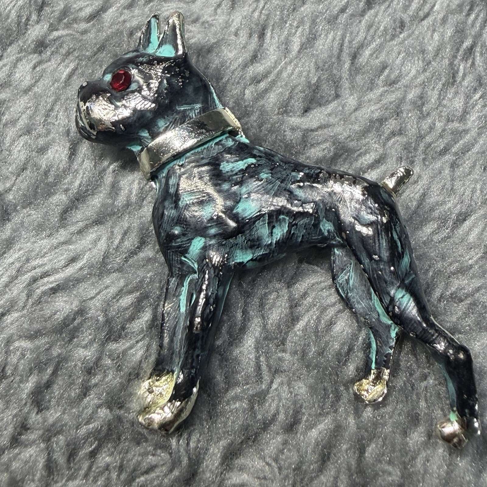 Enamel Dog Brooch Pin Black Blue Silver w/ Red Round Rhinestone Eye