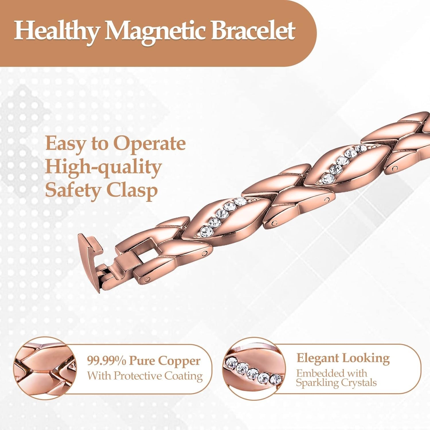 Adjustable Copper Magnetic Bracelet for Women – 99.9% Pure Rose Gold Elegance