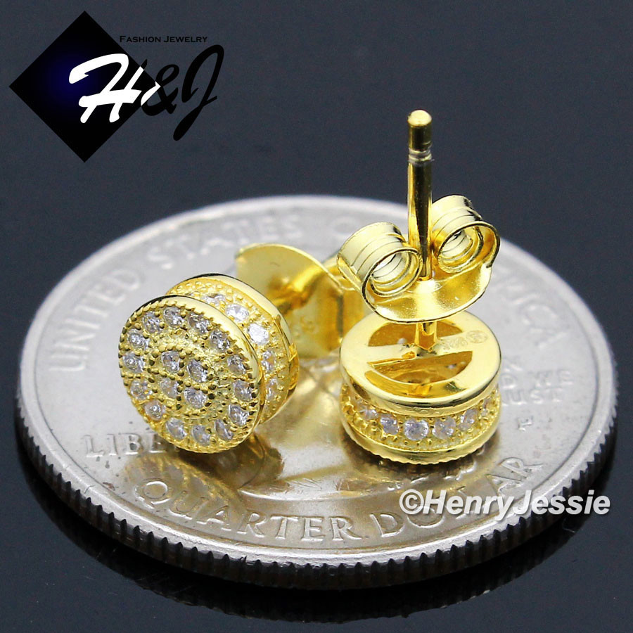 925 STERLING SILVER ICY CZ 6MM 3D GOLD PLATED ROUND PUSH BACK STUD EARRING*GE151