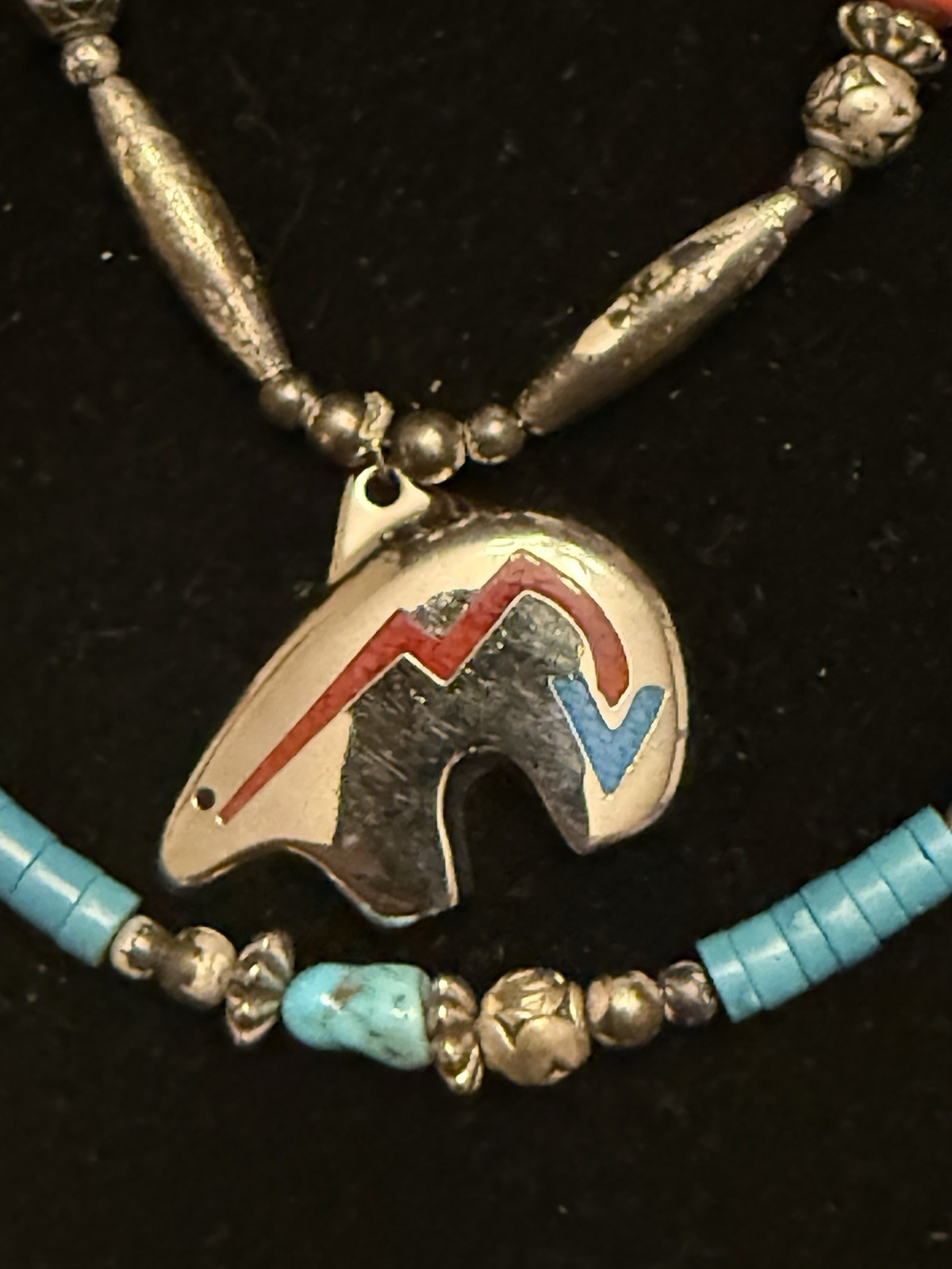 Turquoise & Coral Beaded Necklace Bear Charm Pendant, Multicolor Barrel Closure