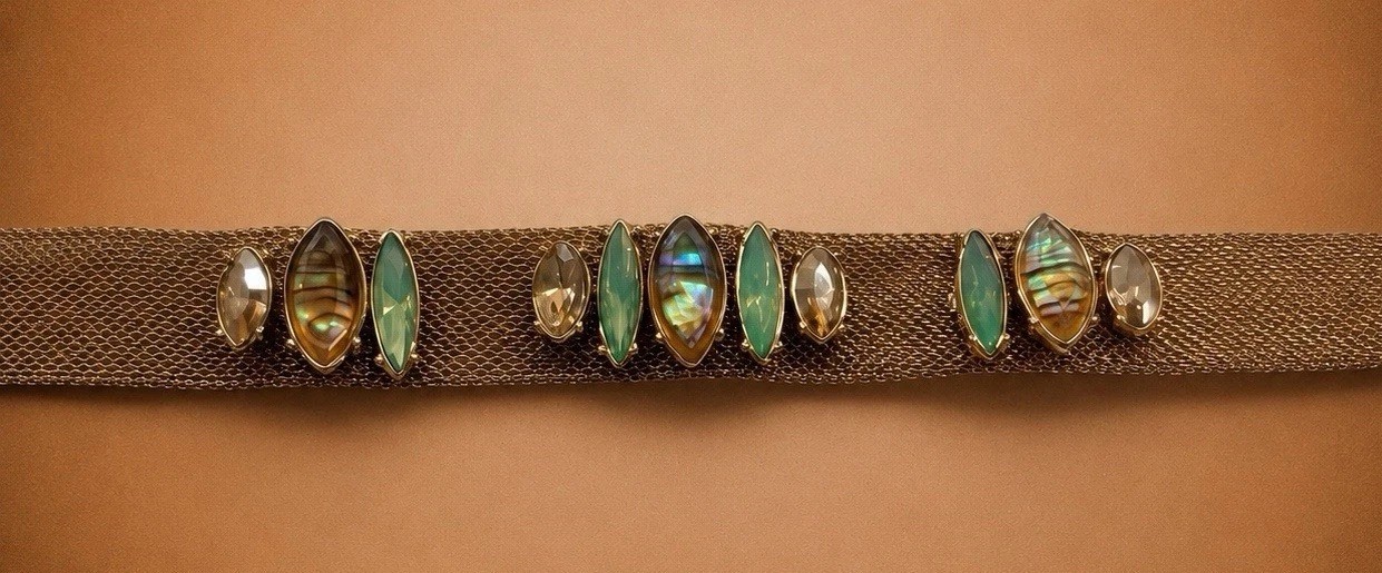 Vintage Boho Gold Tone Mesh Statement Choker Necklace Abalone And Peridot