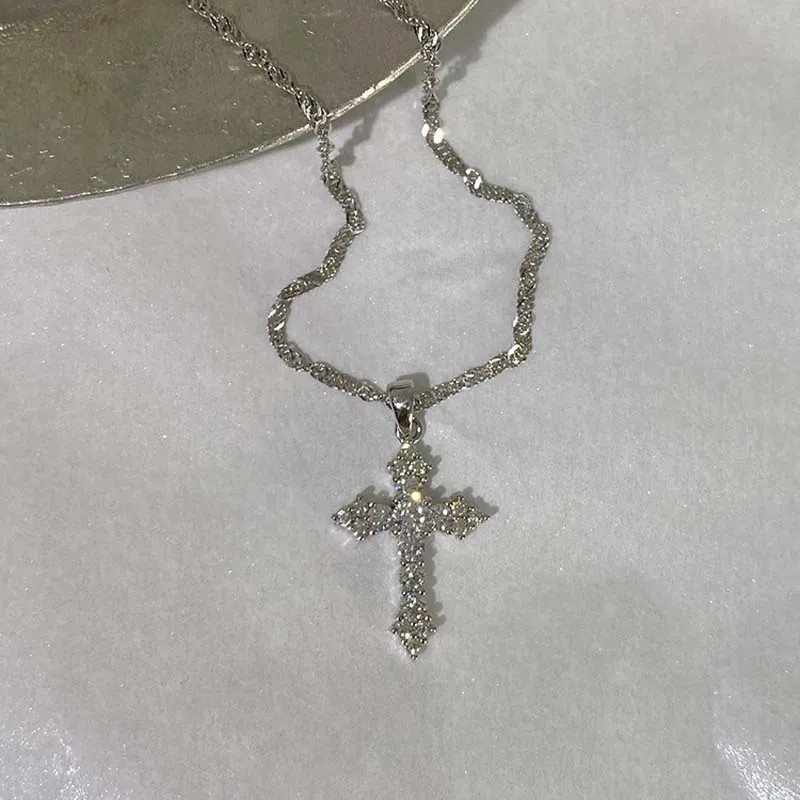 Shiny Crystal Zircon Cross Pendant Necklace for Women Girls Punk Silver Color Th
