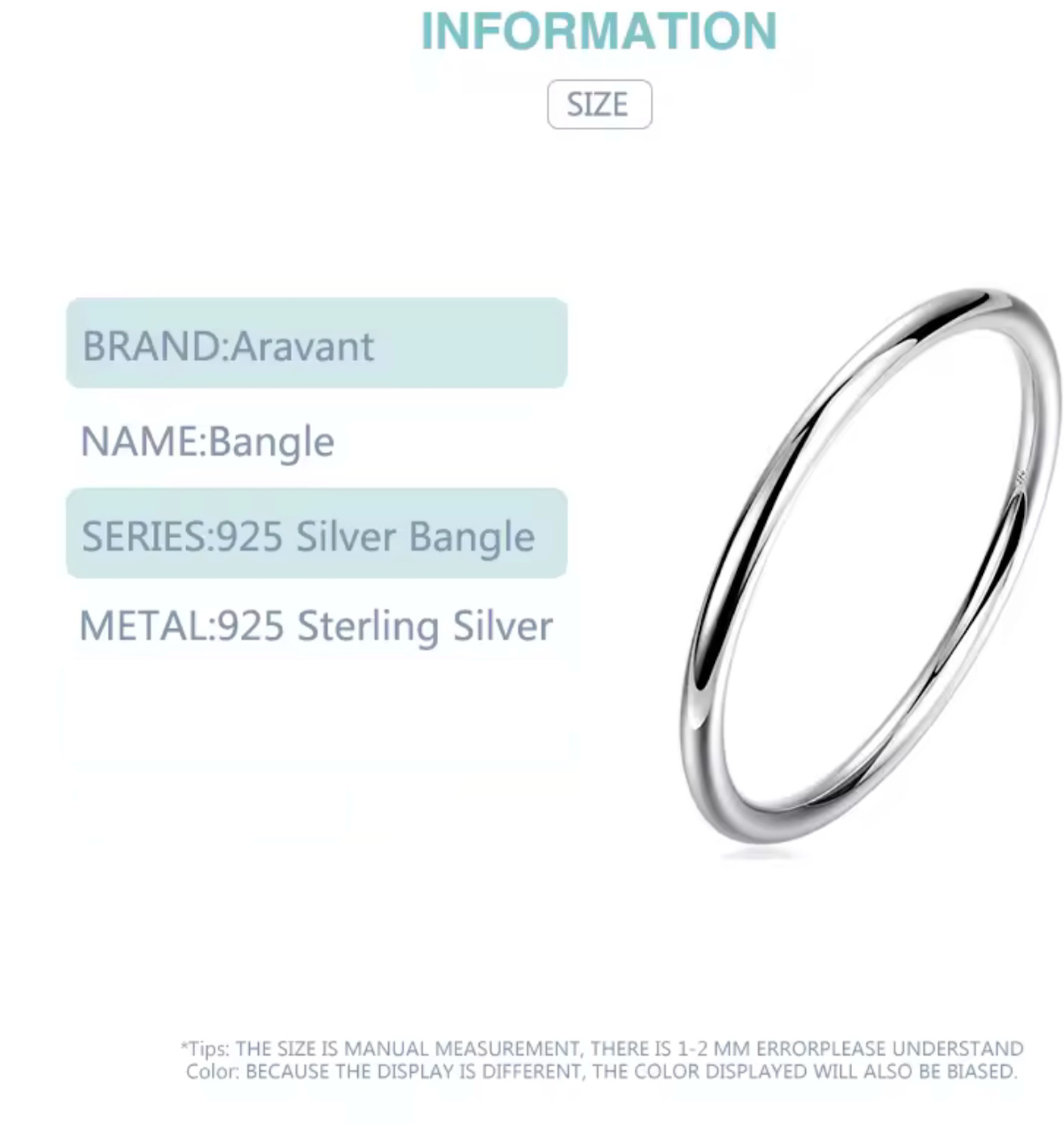 Solid 925 Sterling Silver 5MM Plain Polished Circle Bangle Bracelets for Women