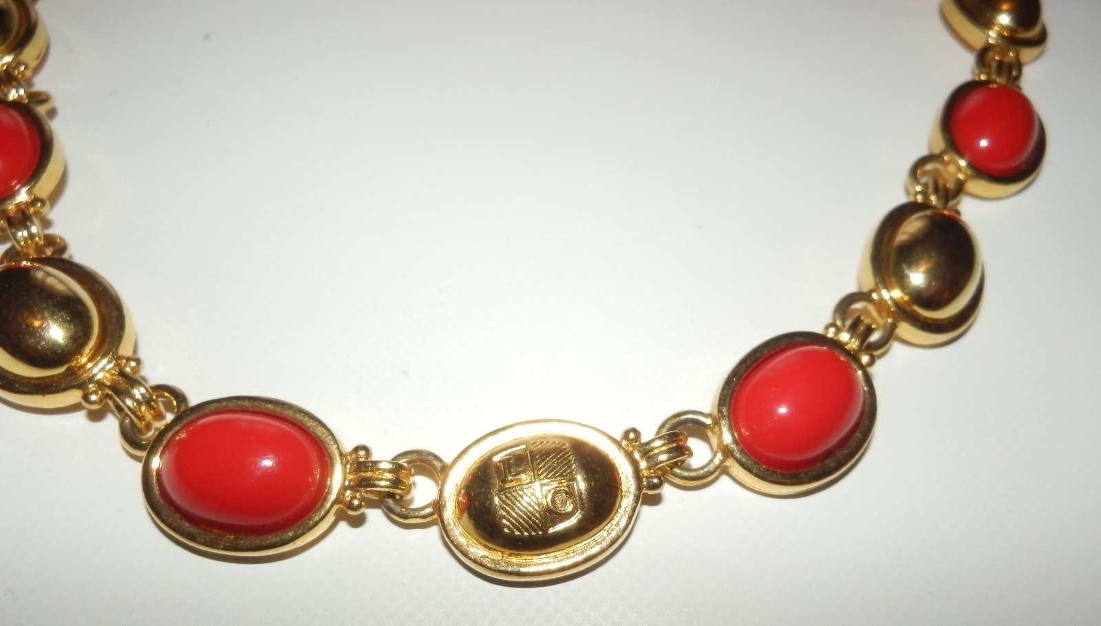 Vintage LC Crown Mark Red Cabochon Gold Tone Necklace Choker 17″ Lia Sophia