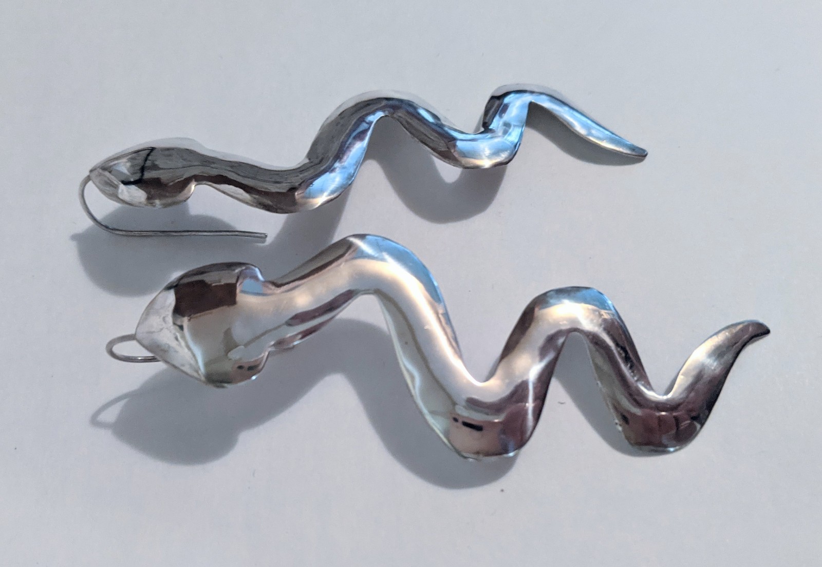 Edgy Crawling Snake Serpent Sterling Silver Long Hook Drop Earrings 3 1/4 Inch