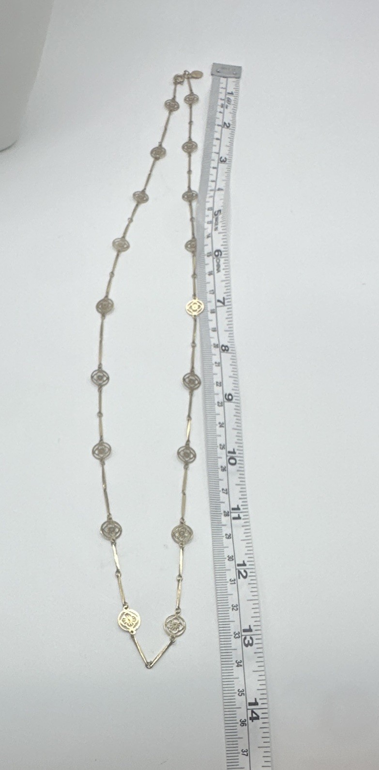 Avon Signed Gold Tone Station Bar Link Chain Necklace, Spring Ring, 19-24 in