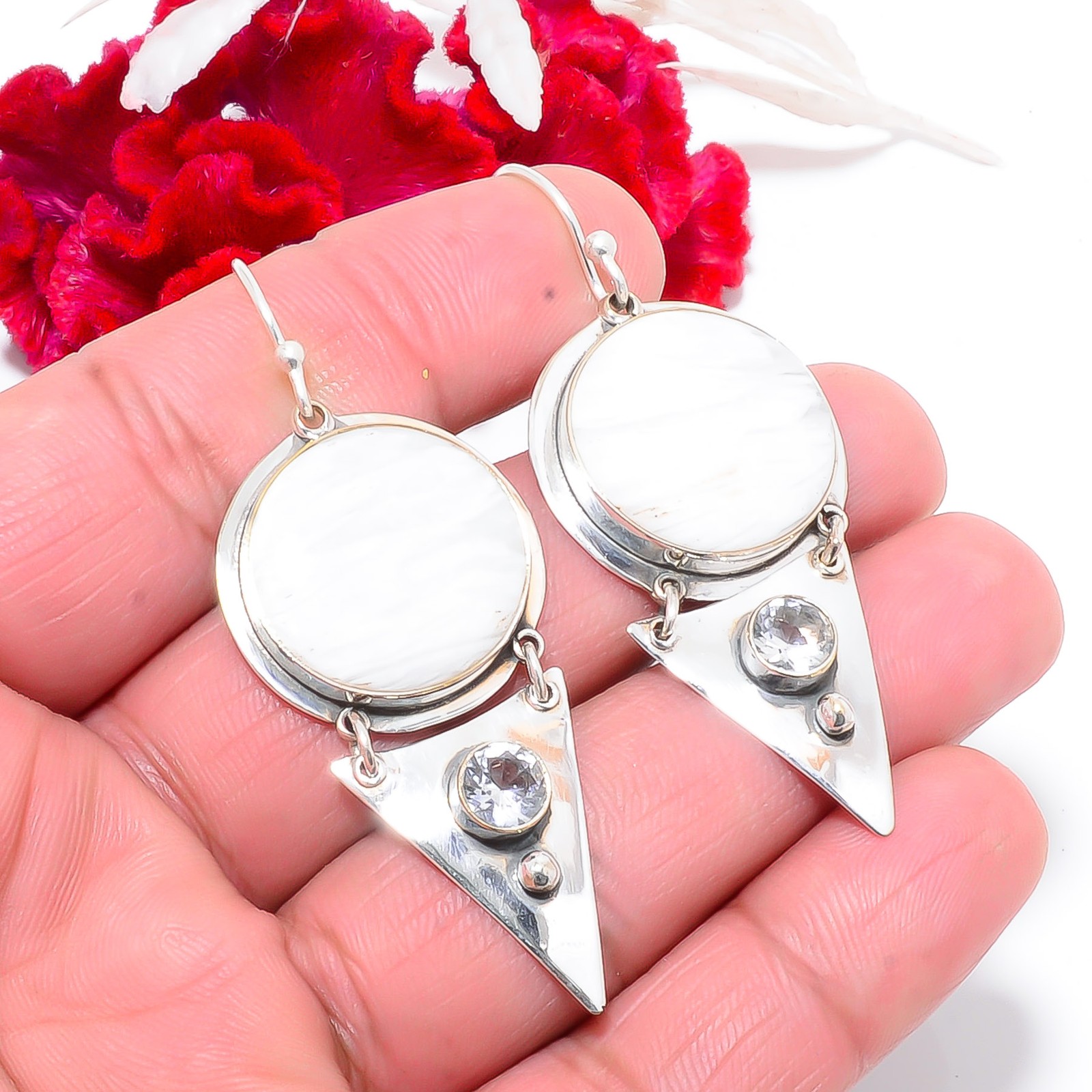 White Scolecite – India & White Topaz 925 Sterling Silver Earring 2.34″ E8386
