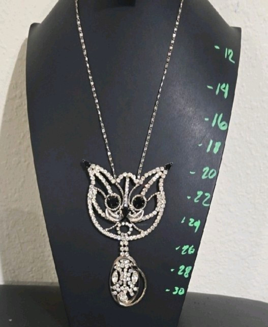 Rare Huge Vintage Unsigned Alice Caviness Rhinestone Cat Necklace