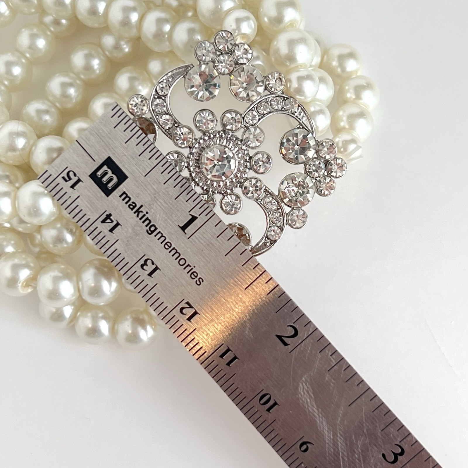 Costume Pearl 30 In Necklace & Bracelet And Drop Earrings With Rhinestones
