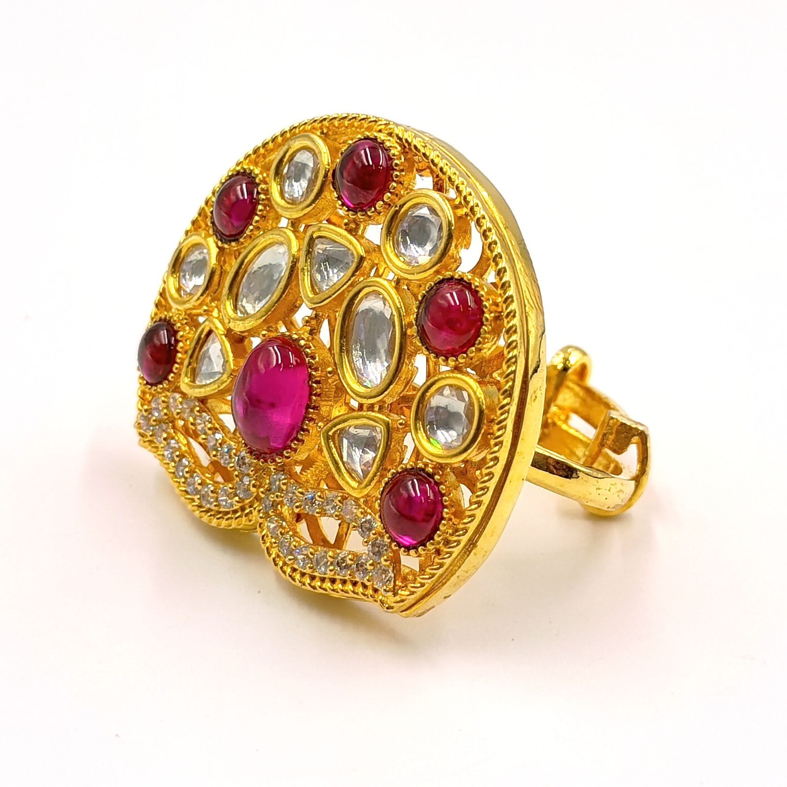 Traditional Indian Kundan Polki Ring Ruby Stone 22k Gold Plated Adjustable Band
