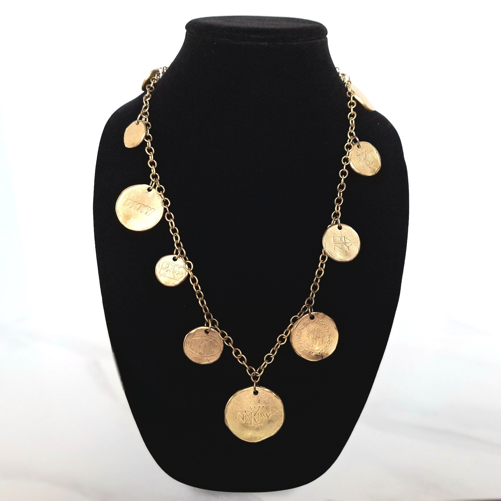 VINTAGE 1993 DKNY STATEMENT NECKLACE DONNA KARAN DESIGNER GOLD MEDALLIONS 32 IN