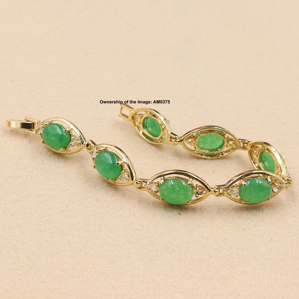 NEW Gold Plated Alloy 11mm Oval Heated Green Jade Women’s Bracelet 6.7inch
