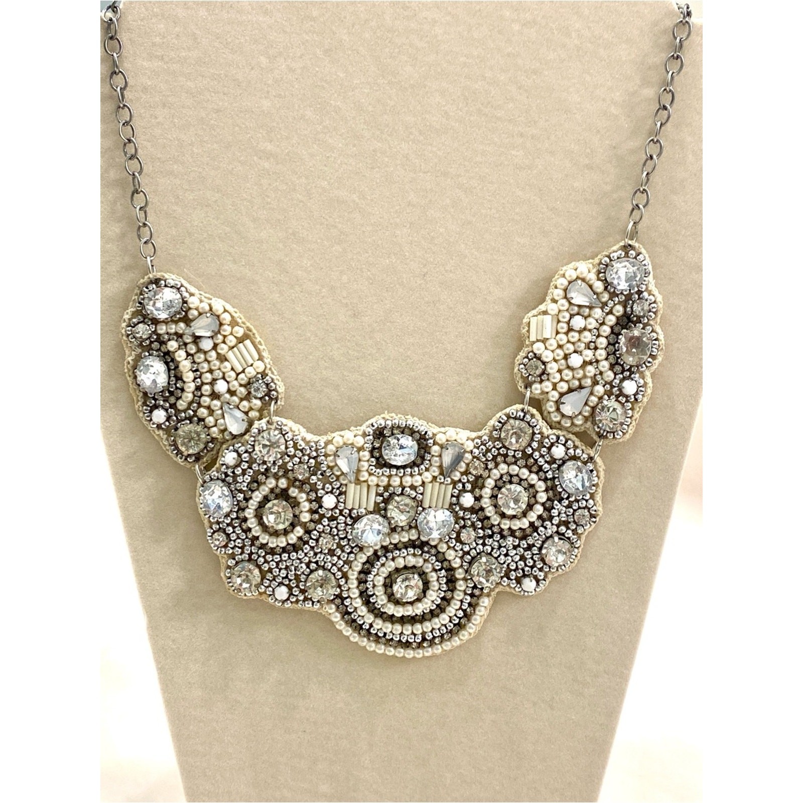 Unique Vintage Cream and Silver Beaded Bib Necklace