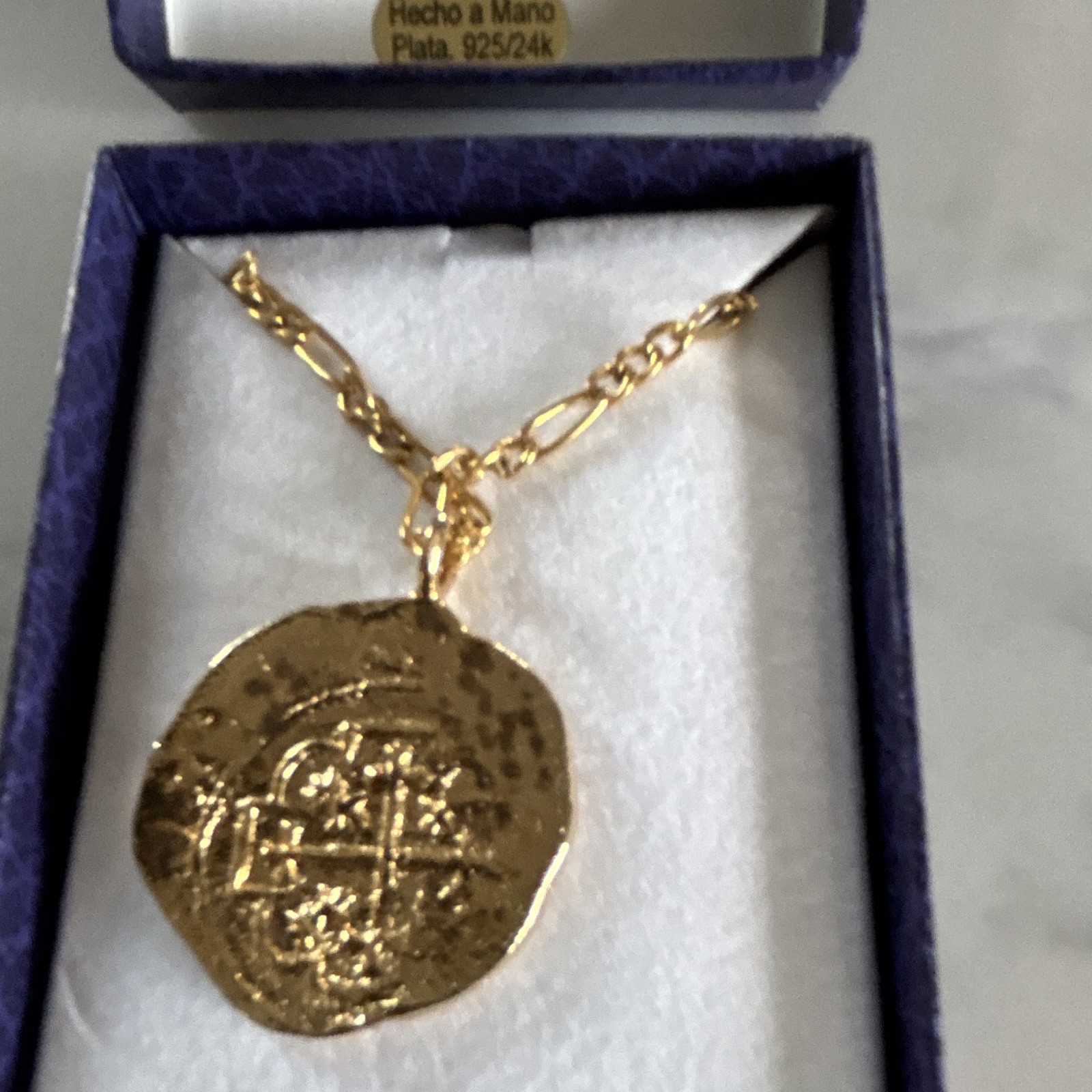 REPROSA Handmade Gold Tone Round Coin Pendant Figaro Chain Necklace, Panama
