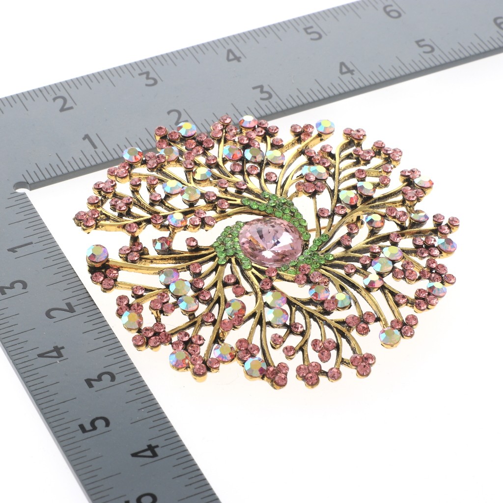 Antique Gold Tone Alloy Metal Extra Large Crystal Flower Brooch P1513-PNG