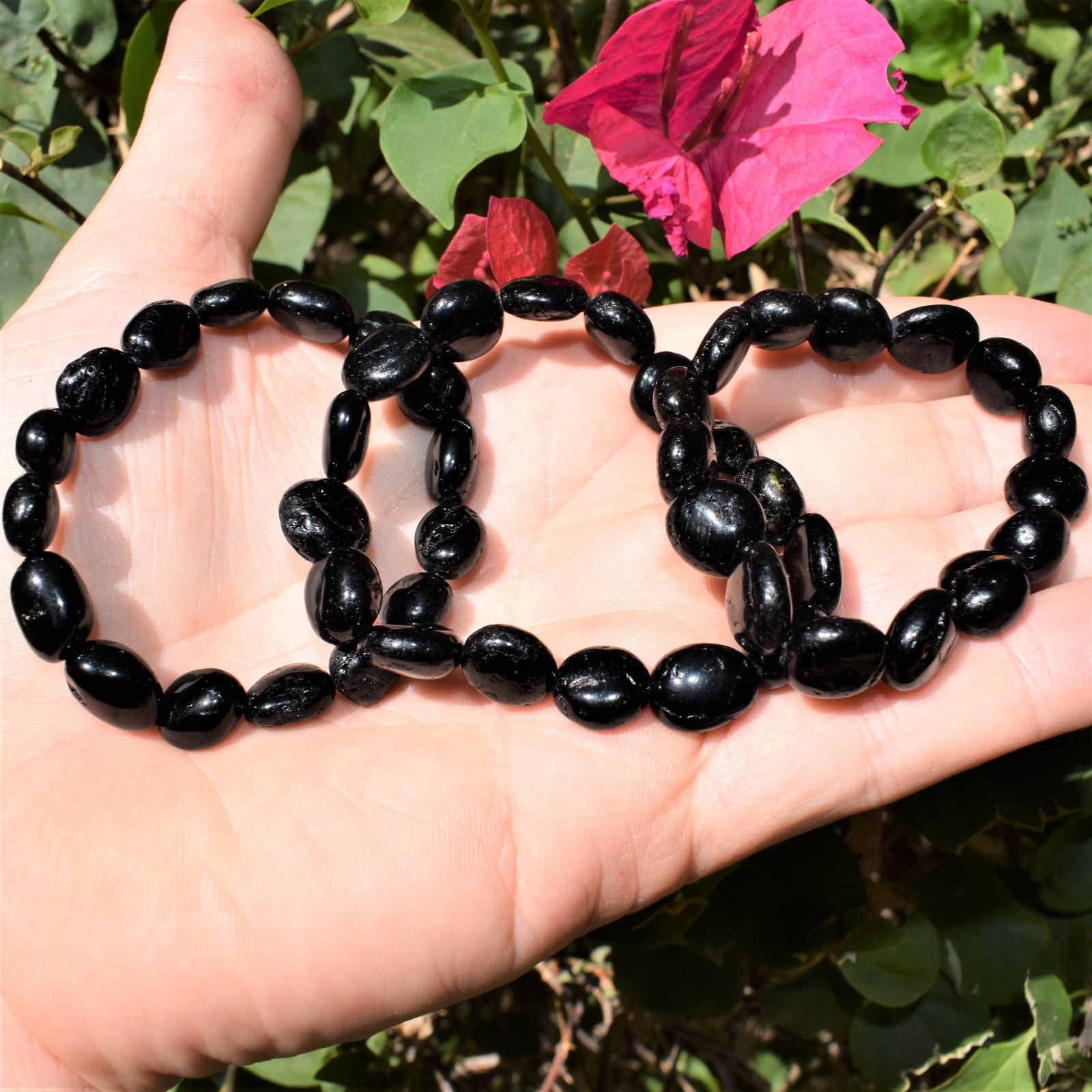 CHARGED 7″ Natural Black Tourmaline Crystal Stretchy Bracelet + Selenite Heart