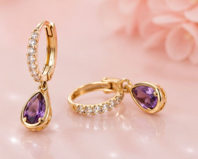 2Ct Pear Cut Simulated Amethyst Engagement Hoop Earrings 14K Yellow Gold Plated