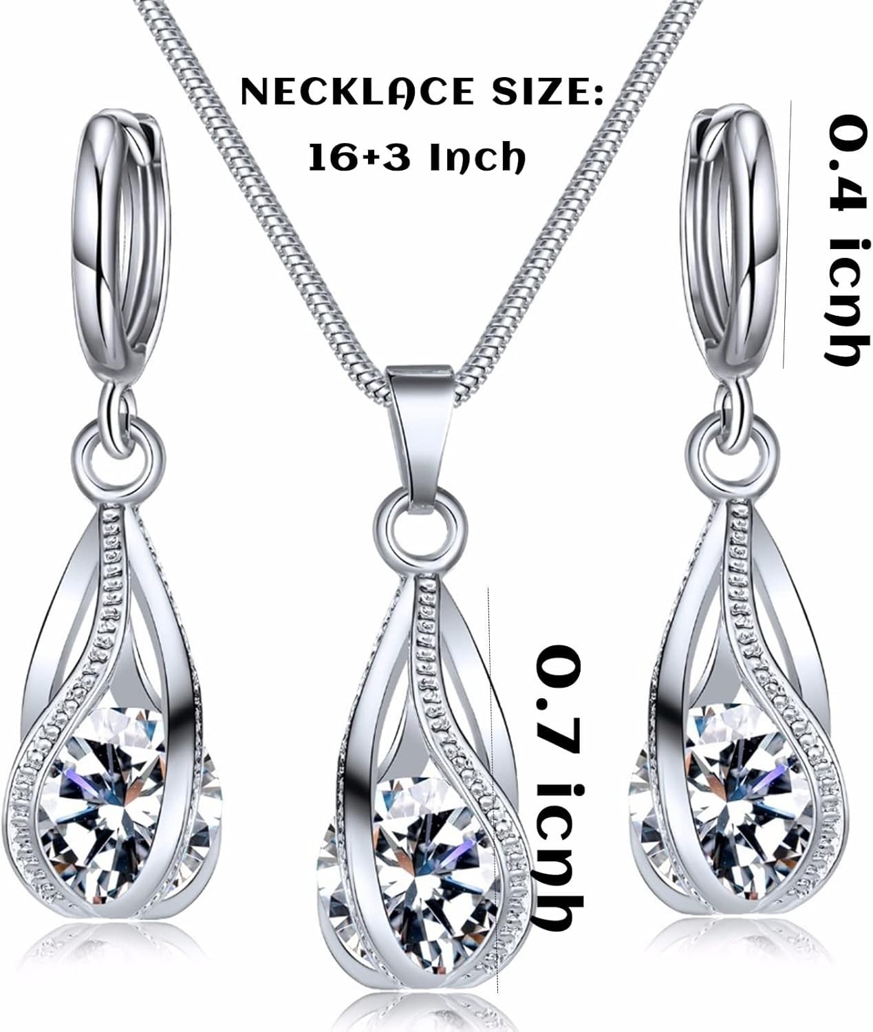 Elegant Silver Jewelry Set with CZ Pendant Necklace & Earrings for All Occasions