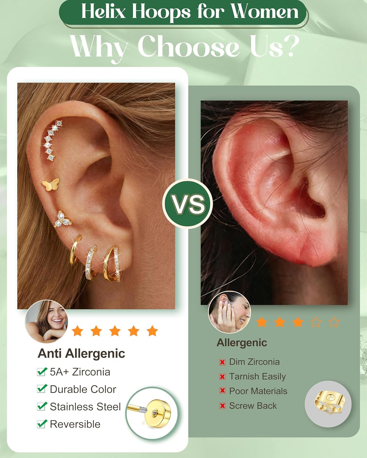 20/18/16G Cartilage Earrings for Women Flat Back Earring Stacks Hypoallergenic S