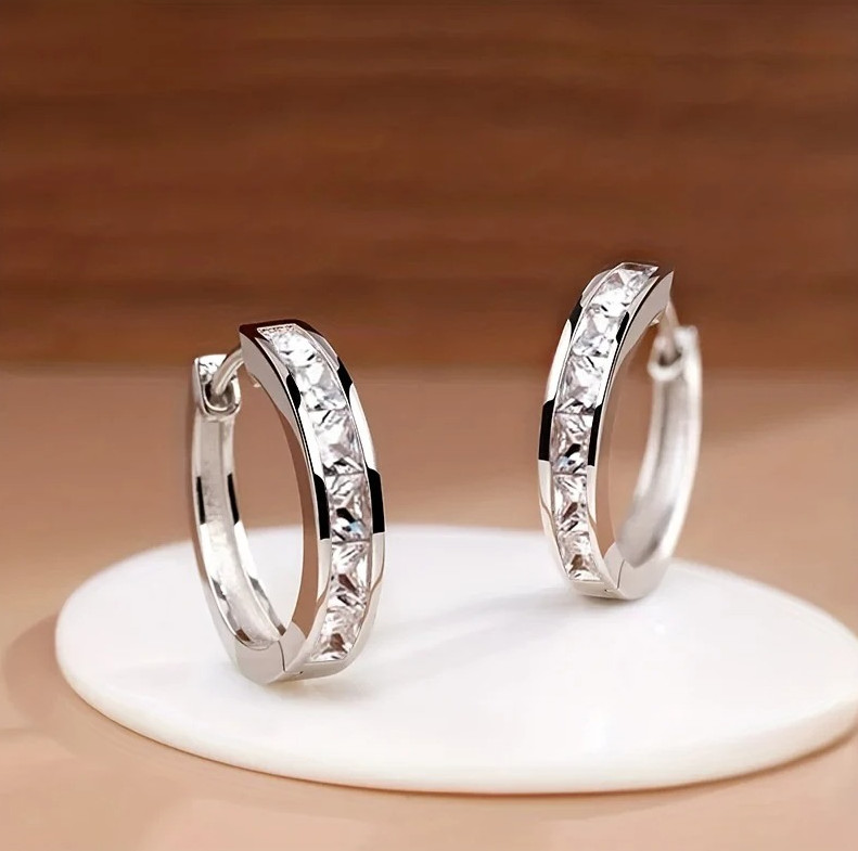 1Pair Princess CZ Hoop Earrings Elegant Women Geometric Jewelry – NEW