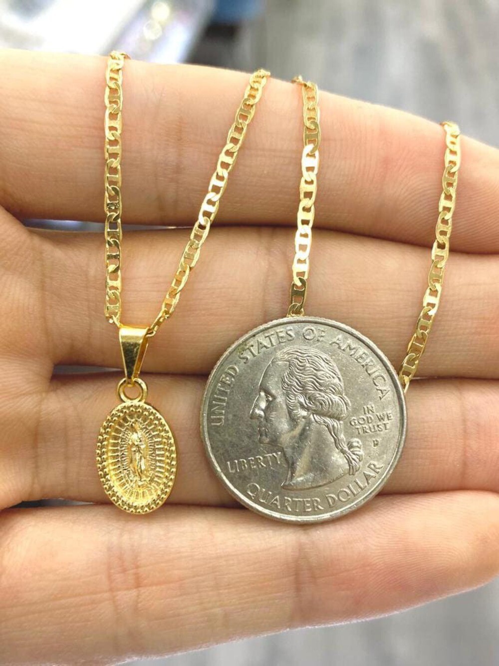 14K Gold Filled Our Lady of Guadalupe Necklace Pendant Medal Family Jewelry 14×8