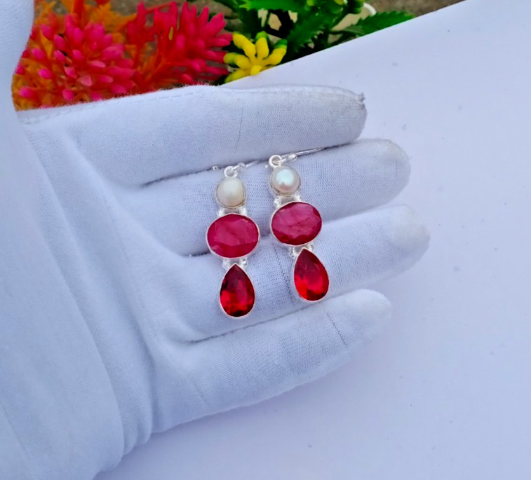 Ruby, Pearl, garnet Handmade Earring |925 Silver Earring Gemstone Jewelry