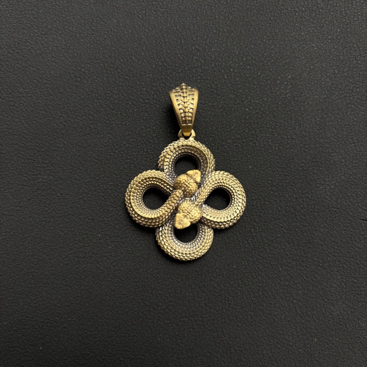 Brass Double Snake Pendant Infinity Design Black Zircon Eyes Renewal Symbol