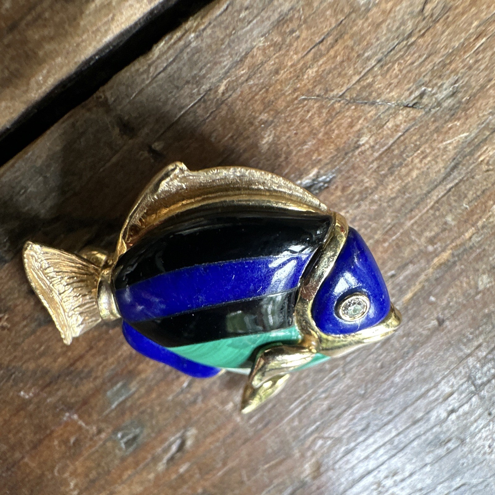 Signed Fish Enamelled Brooch Pin Gold Tone Blue Green Black MPN AA16