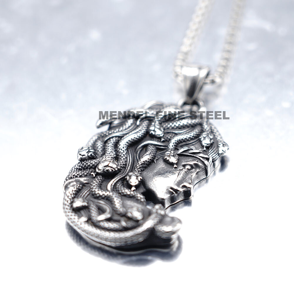 MENDEL Mens Womens Stainless Steel Greek Snake Medusa Head Pendant Necklace Men