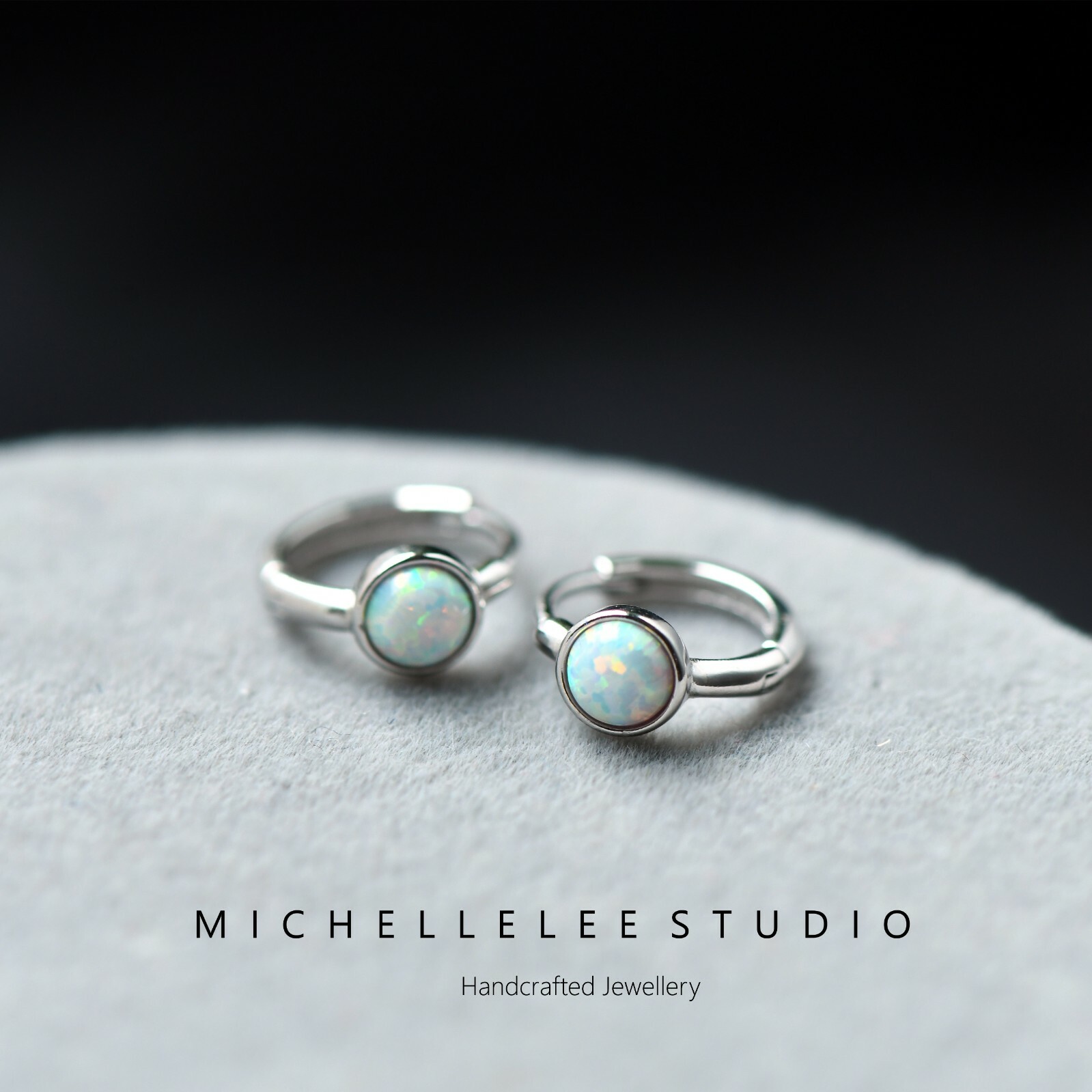 Minimalist White Opal Huggie Hoop Earrings in Sterling Silver