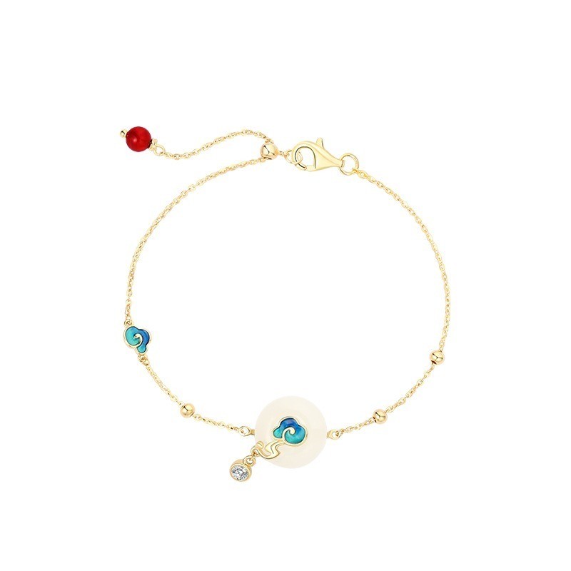 Enamel Auspicious Cloud White Jade Buckle Gold Plated 925 Silver Bracelet