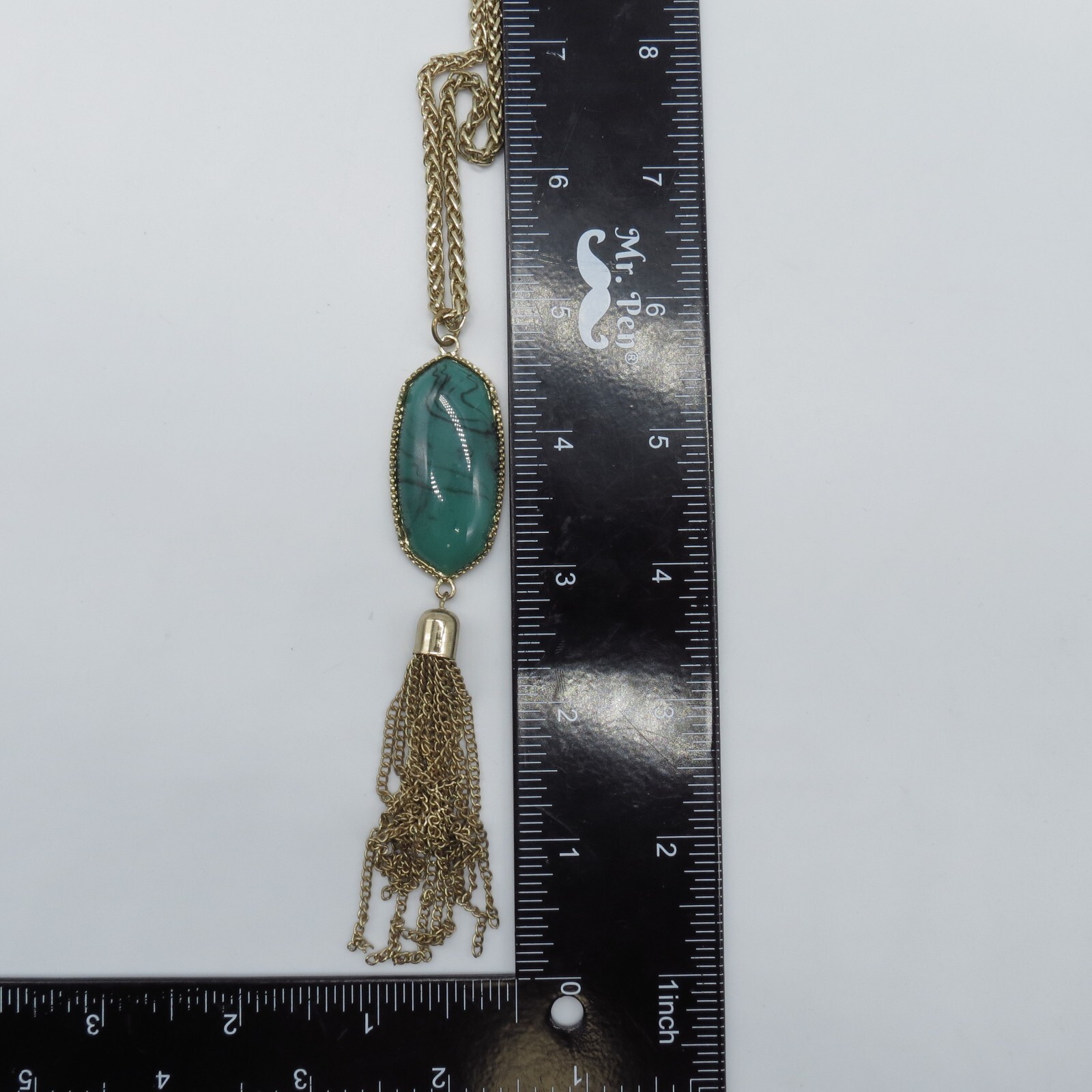 Green Hard Resin Cabochon Fringe Y Drop Necklace Gold Tone Long Wheat Chain 24″