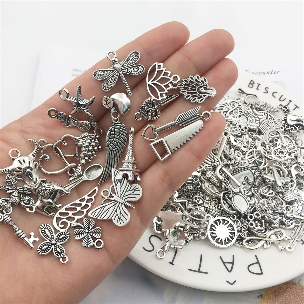 300Pcs Metal Alloy Silvery Charm Pendant Beads for DIY Jewelry Accessories