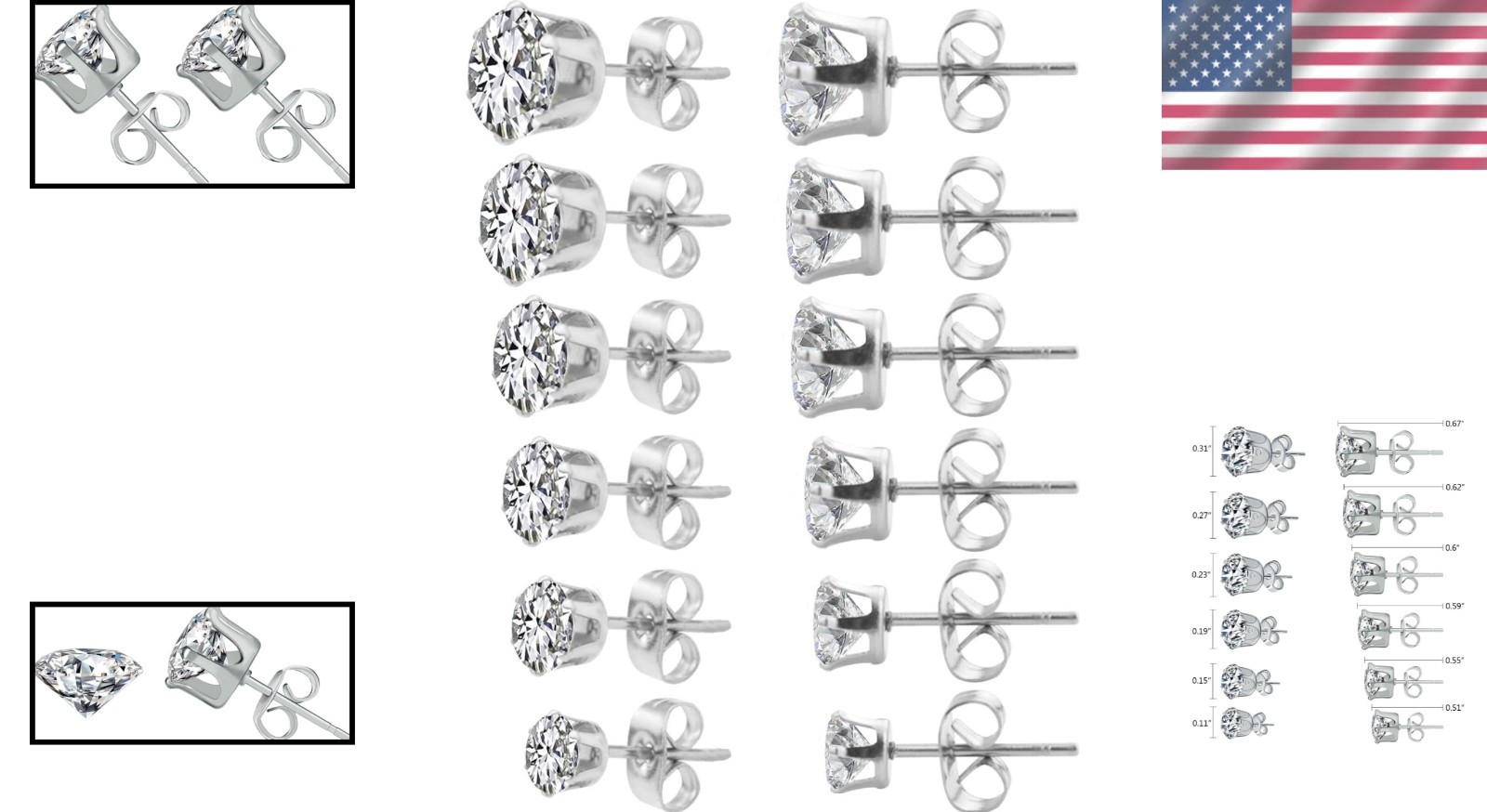 Assorted Sizes 6 Pair Hypoallergenic CZ Stud Earrings – Perfect for Any Occasion