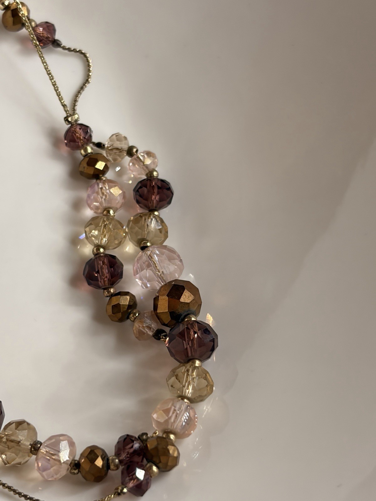 Swarovski Crystal Bead Necklace Amethyst Champagne Bronze Tones 35”