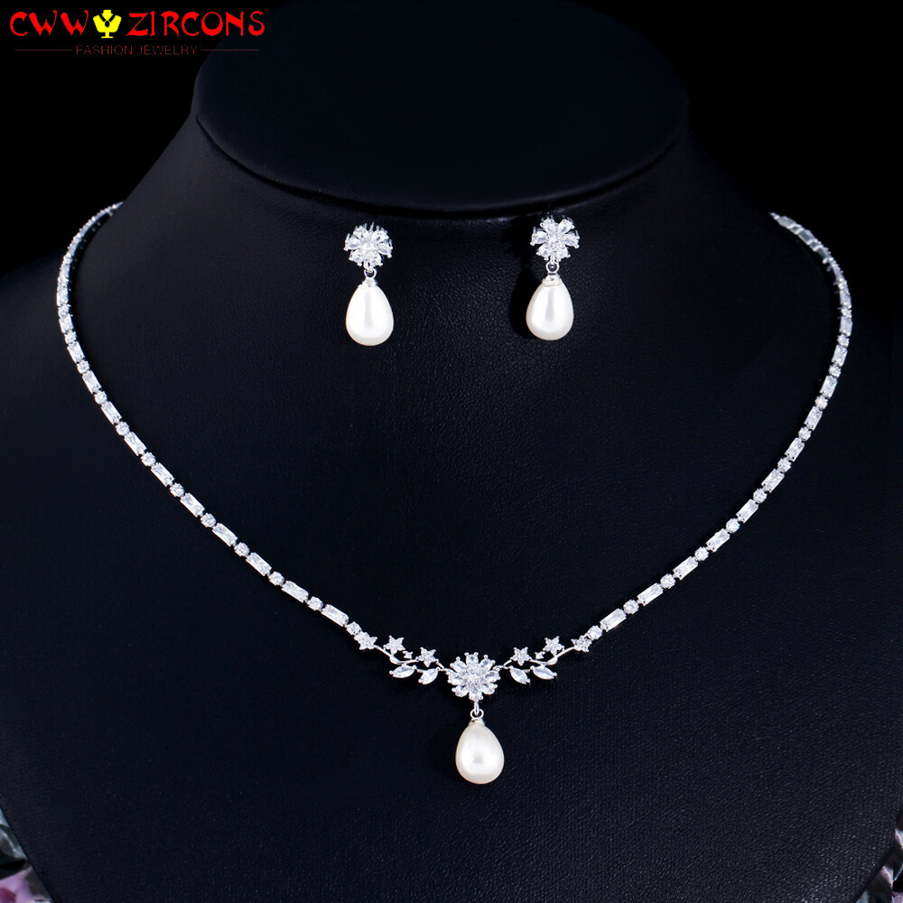 Top Silver Plated CZ Flower Leaf Tennis Pearl Drop Necklace Earrings Jewelry Set