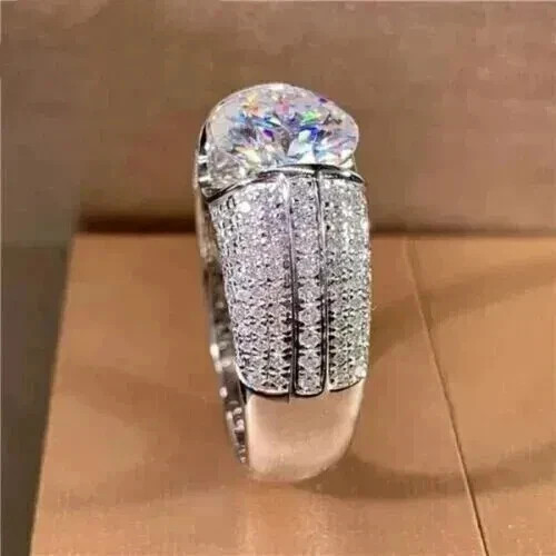 3CT Round Cut Real Moissanite Engagement Men’s Ring 14K White Gold Plated Silver