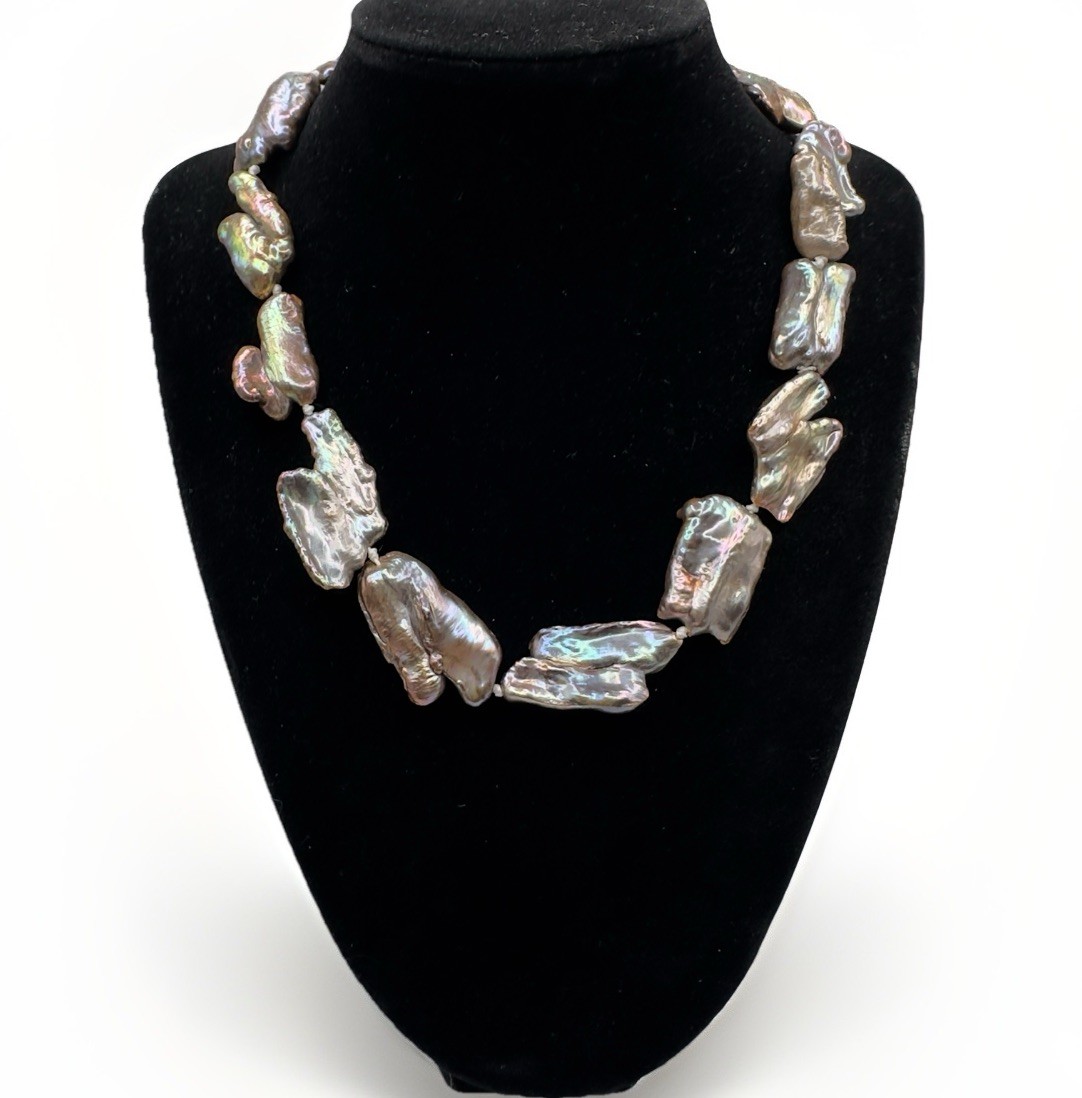 Pearl Necklace Peacock Baroque Keshi Reborn 16 Inch Choker Length Flat Abstract