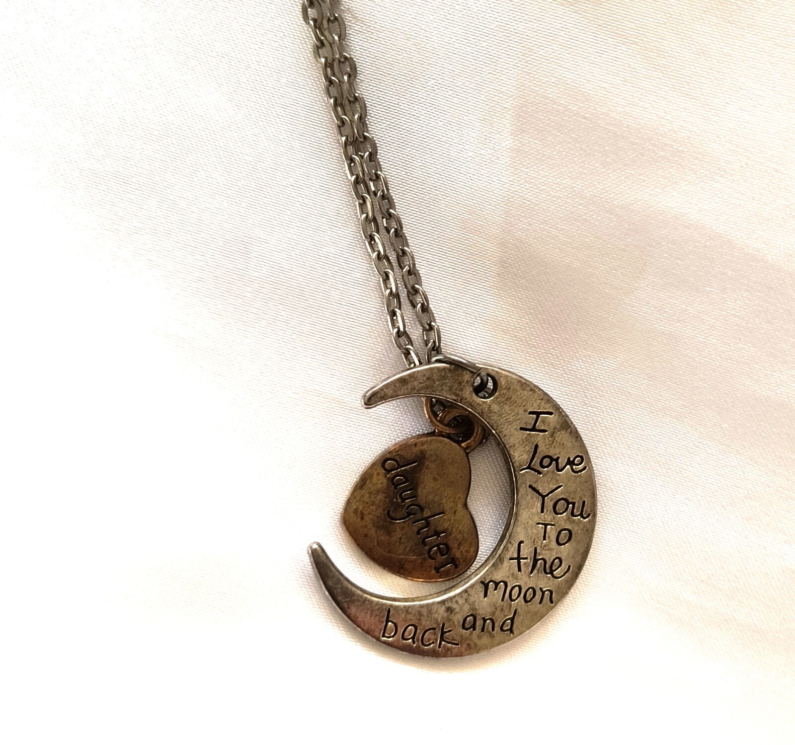 Daughter Love You To the Moon Silvertone /Brass Color Charm Necklace Adjustable