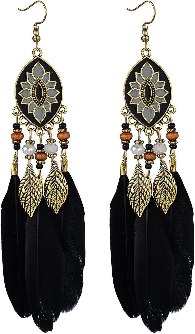 Boho Long Feather Drop Dangle Earrings for Women Retro Bohemian Ethnic Fringe Mu