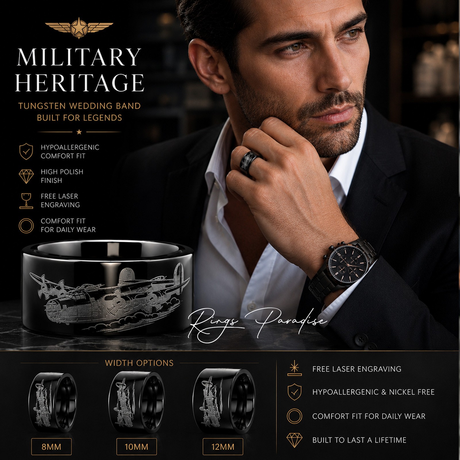 B-24 Airplane Tungsten Wedding Band with WWII Aviation Engraving – 8mm 10mm 12mm