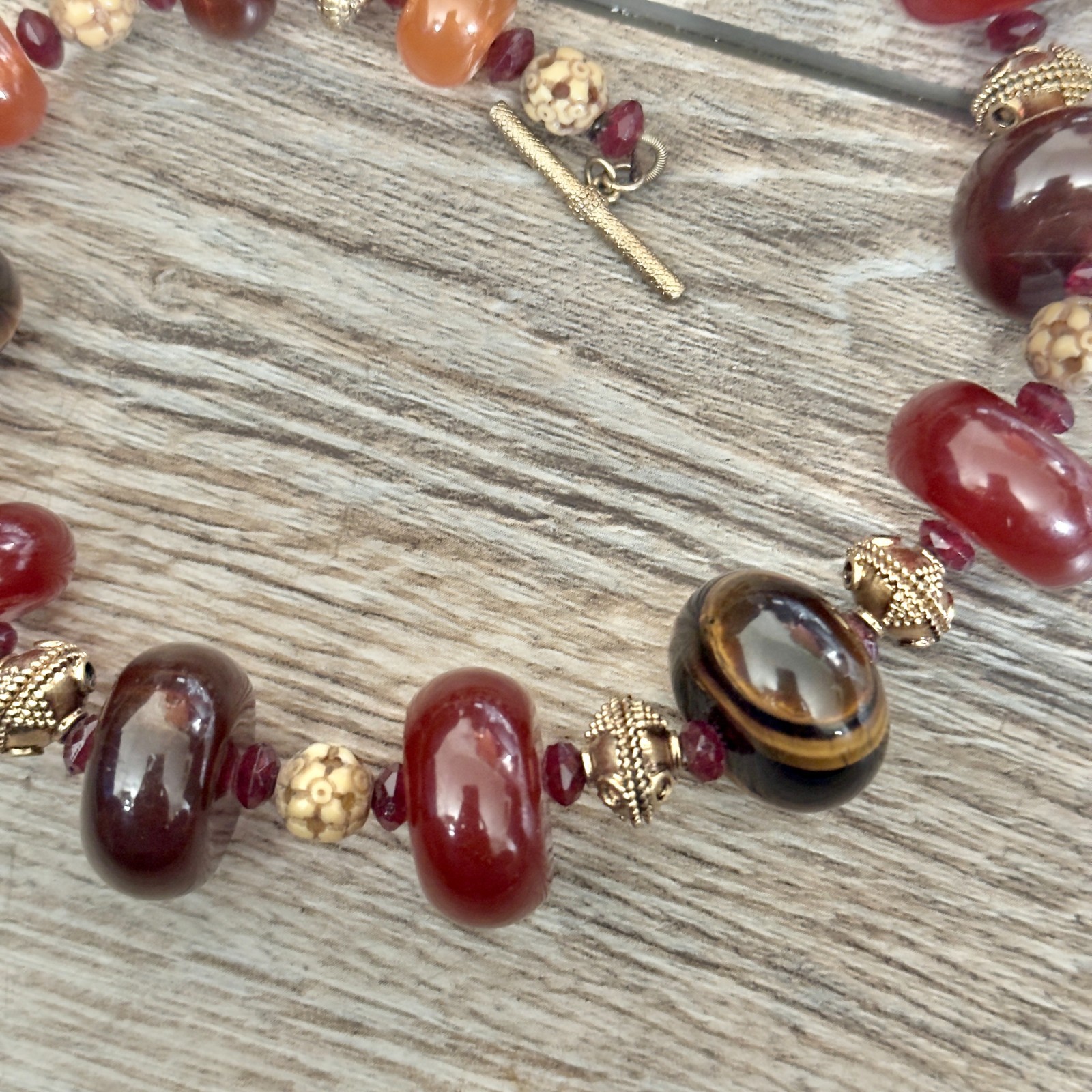 Tigers Eye Mixed Materials Plastic Beaded Statement Necklace Gold Tone