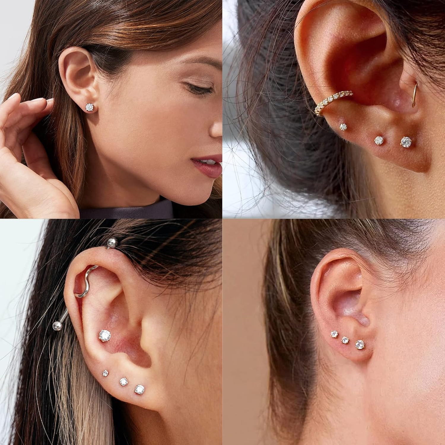 Threadless Flat Back Stud Earrings, 6 Pairs Titanium Hypoallergenic Earrings for