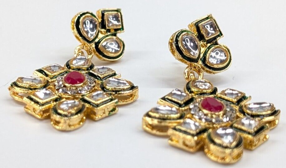 Bollywood India Wedding Gold Tone Clear Pink Rhinestone Pierced Earrings Chunky