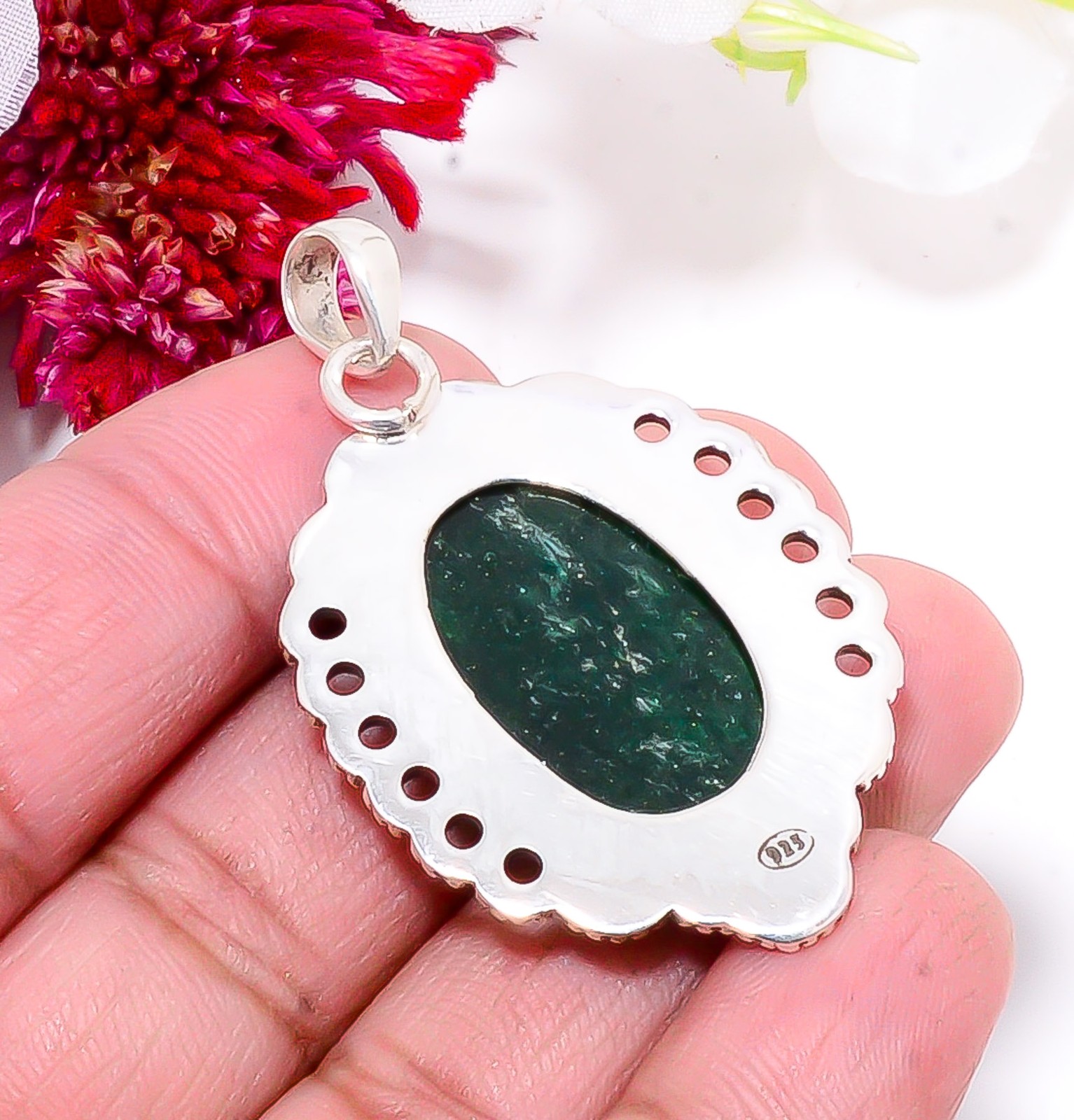 Green Aventurine – India Gemstone 925 Sterling Silver Bali Pendant 1.68″ Sku52