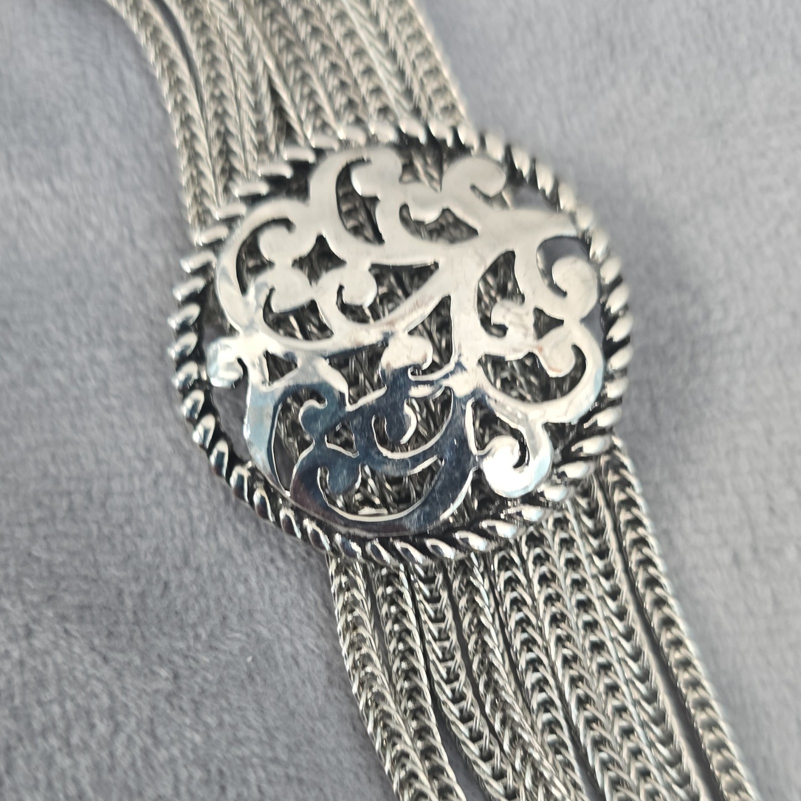 Silver Tone Multi-Strand Spiga/Wheat Chain Bracelet, Filigree Center, Box Clasp