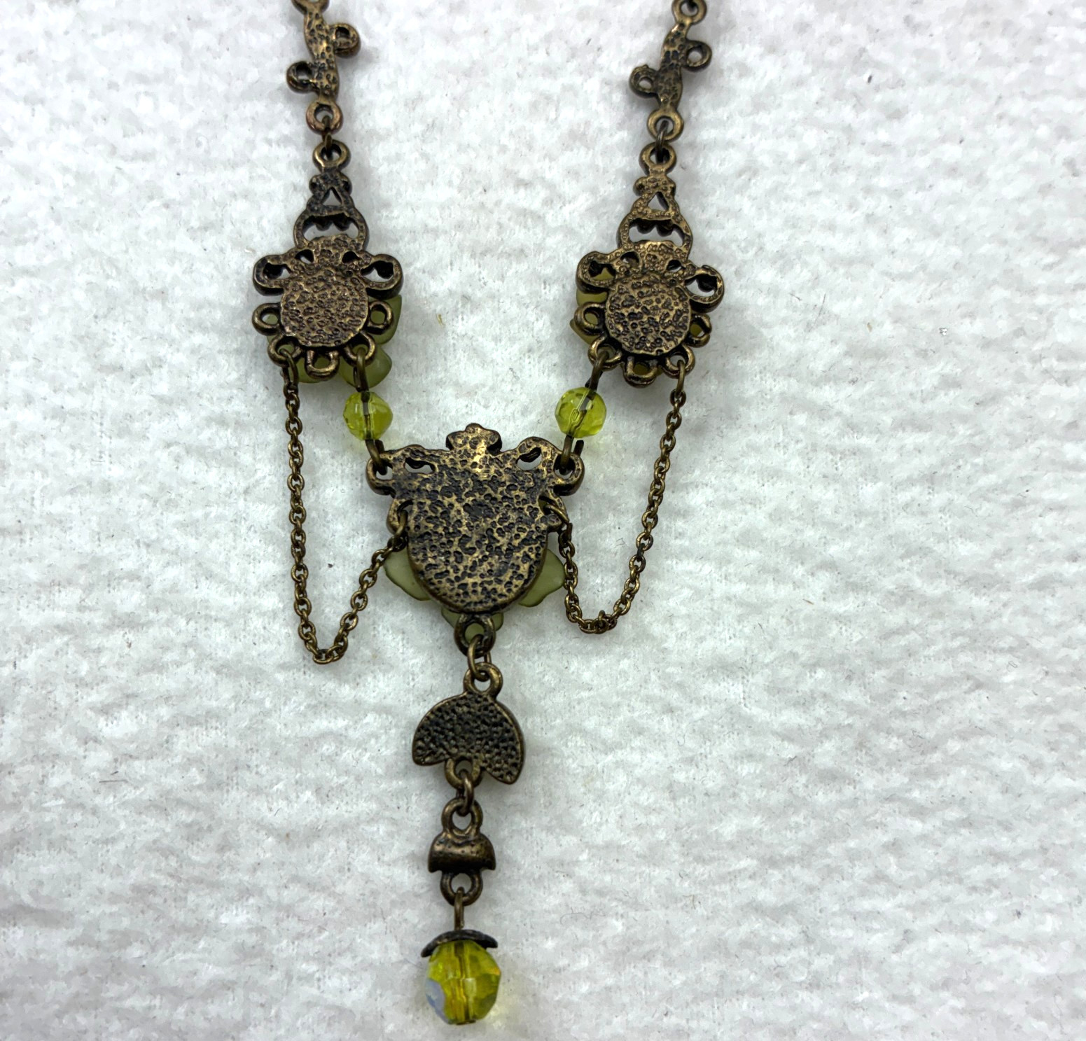 VTG Michal Negrin Green Enamel Floral Rhinestones Necklace Bib Shabby Chic Boho